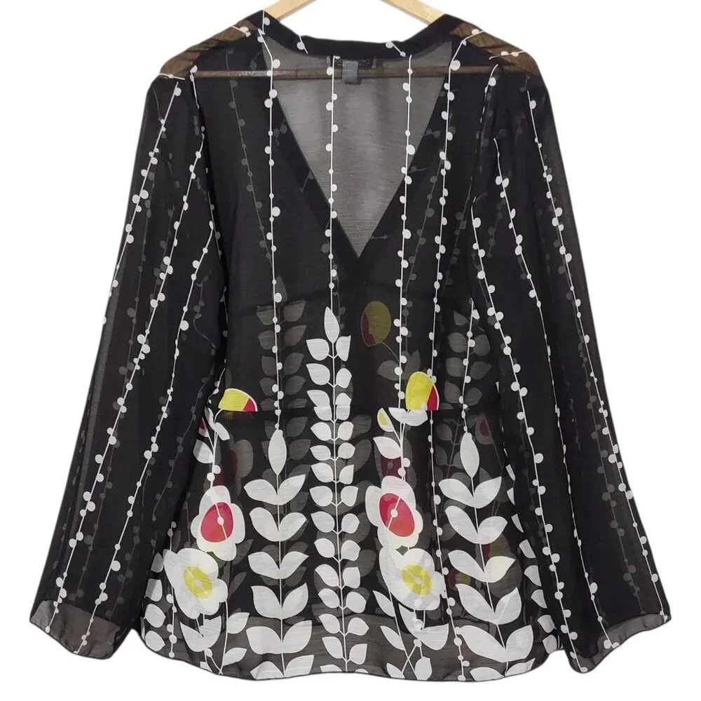 Coldwater Creek V-Neck Tunic Top Black Semi-Sheer Floral Crepe Great Cond - L - Picture 6 of 11